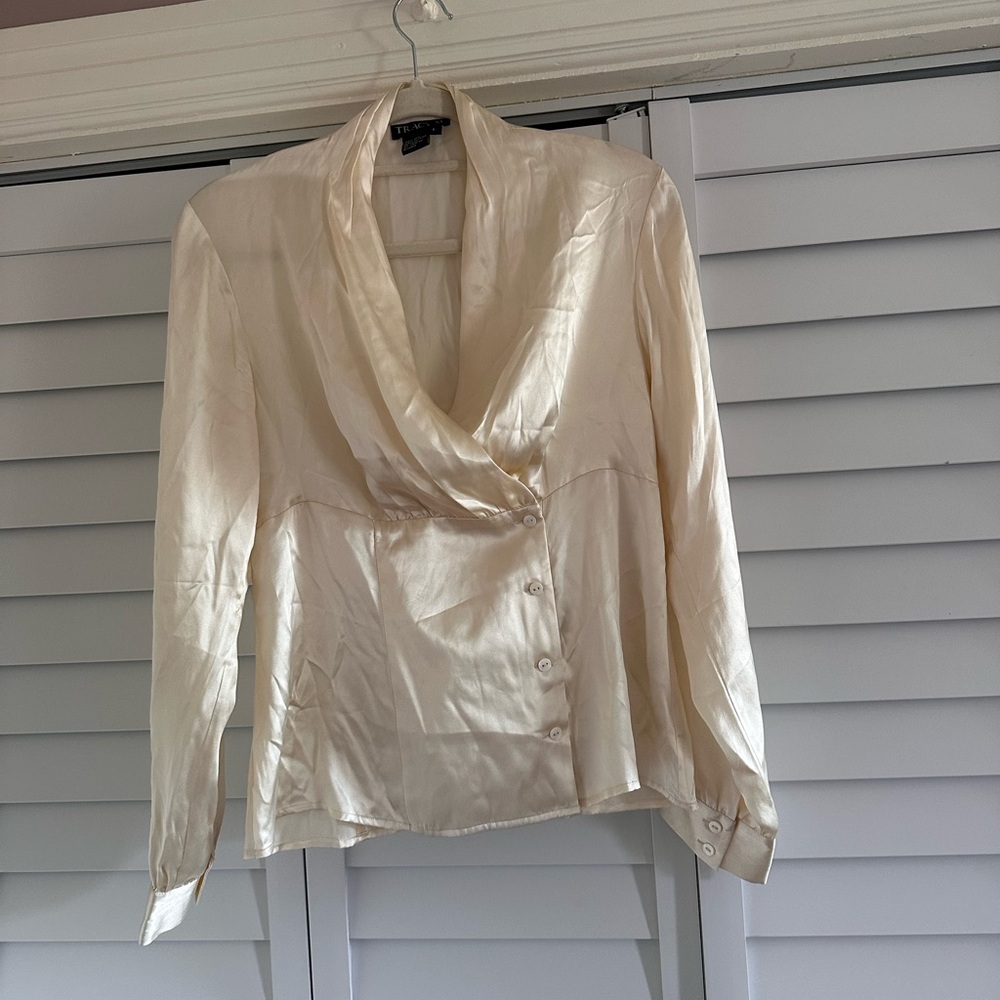 VTG Silk Cream Draped Cowl Neck Blouse
